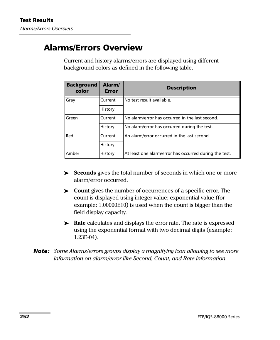 Alarms/errors overview | EXFO FTB/IQS-88000 Series Power Blazer for FTB-2/2Pro/500/IQS-600 User Manual | Page 264 / 681