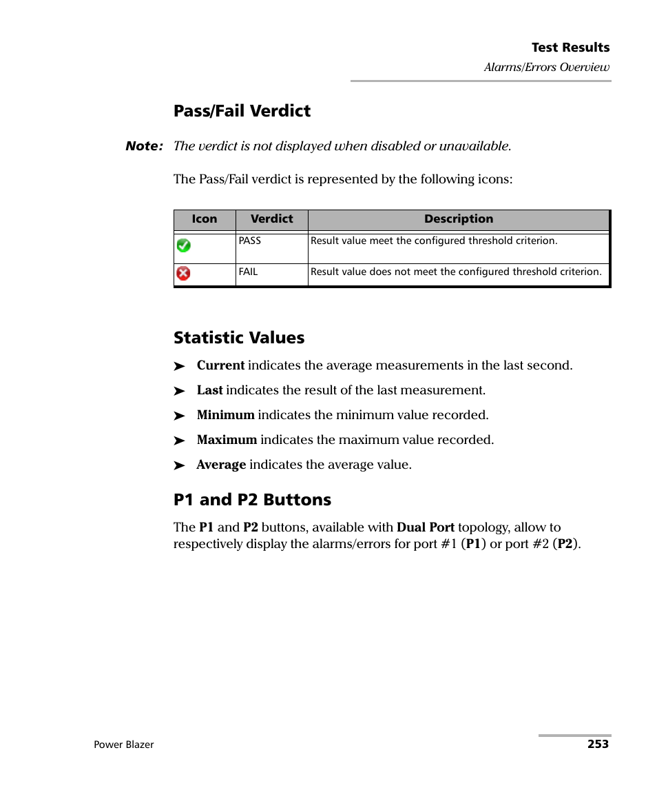 Pass/fail verdict, Statistic values, P1 and p2 buttons | EXFO FTB/IQS-88000 Series Power Blazer for FTB-2/2Pro/500/IQS-600 User Manual | Page 265 / 681