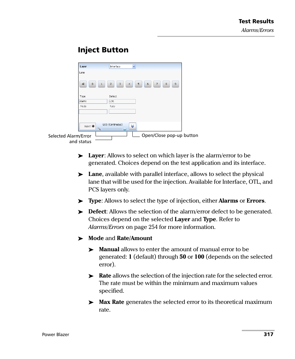 Inject button | EXFO FTB/IQS-88000 Series Power Blazer for FTB-2/2Pro/500/IQS-600 User Manual | Page 329 / 681