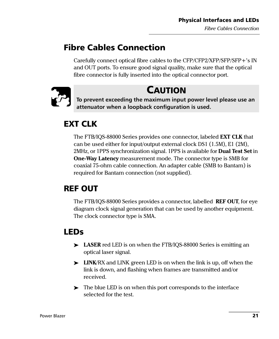 Fibre cables connection, Ext clk, Ref out | Leds, Fibre cables connection ext clk ref out leds, Aution | EXFO FTB/IQS-88000 Series Power Blazer for FTB-2/2Pro/500/IQS-600 User Manual | Page 33 / 681