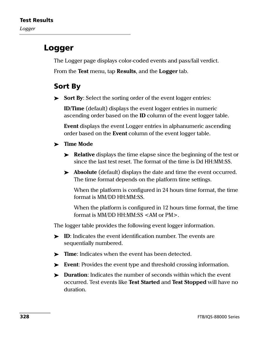 Logger, Sort by | EXFO FTB/IQS-88000 Series Power Blazer for FTB-2/2Pro/500/IQS-600 User Manual | Page 340 / 681