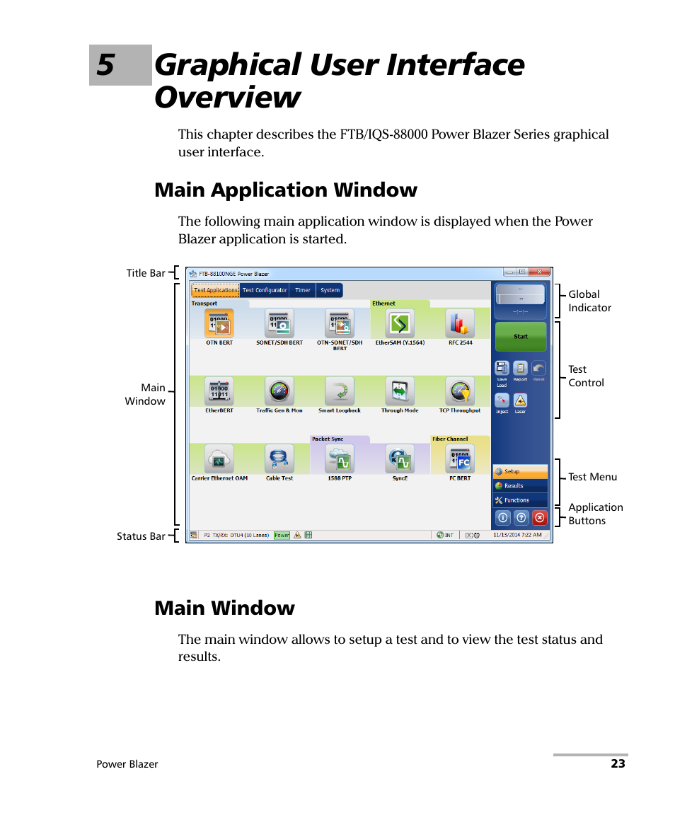 5 graphical user interface overview, Main application window, Main window | Main application window main window, 5graphical user interface overview | EXFO FTB/IQS-88000 Series Power Blazer for FTB-2/2Pro/500/IQS-600 User Manual | Page 35 / 681