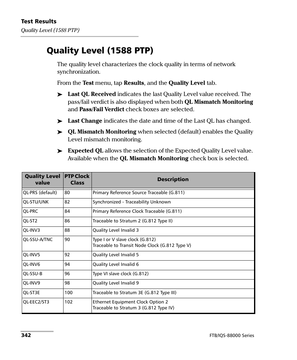Quality level (1588 ptp) | EXFO FTB/IQS-88000 Series Power Blazer for FTB-2/2Pro/500/IQS-600 User Manual | Page 354 / 681
