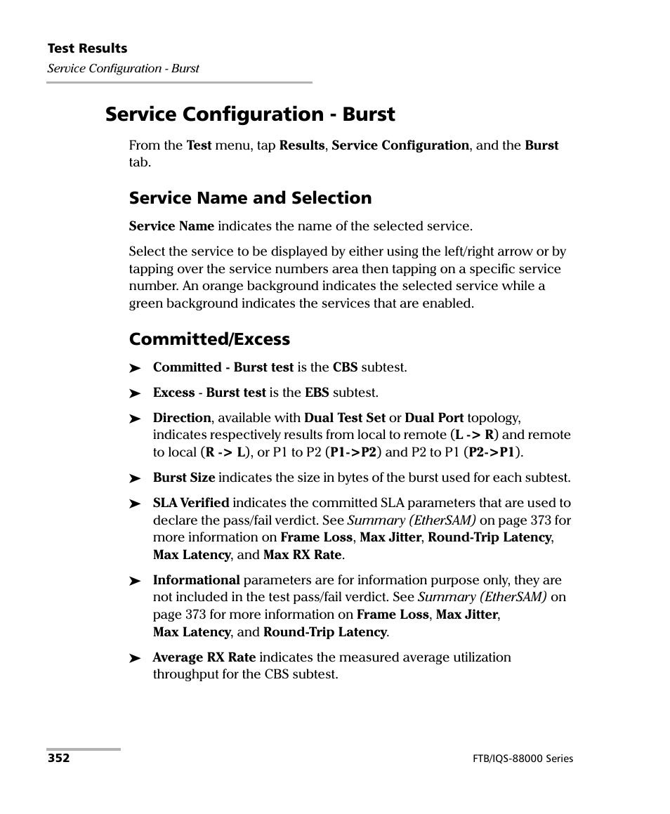 Service configuration - burst, Service name and selection, Committed/excess | EXFO FTB/IQS-88000 Series Power Blazer for FTB-2/2Pro/500/IQS-600 User Manual | Page 364 / 681