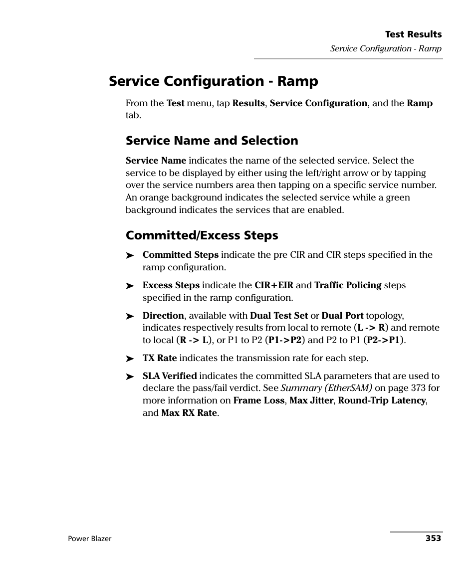 Service configuration - ramp, Service name and selection, Committed/excess steps | EXFO FTB/IQS-88000 Series Power Blazer for FTB-2/2Pro/500/IQS-600 User Manual | Page 365 / 681