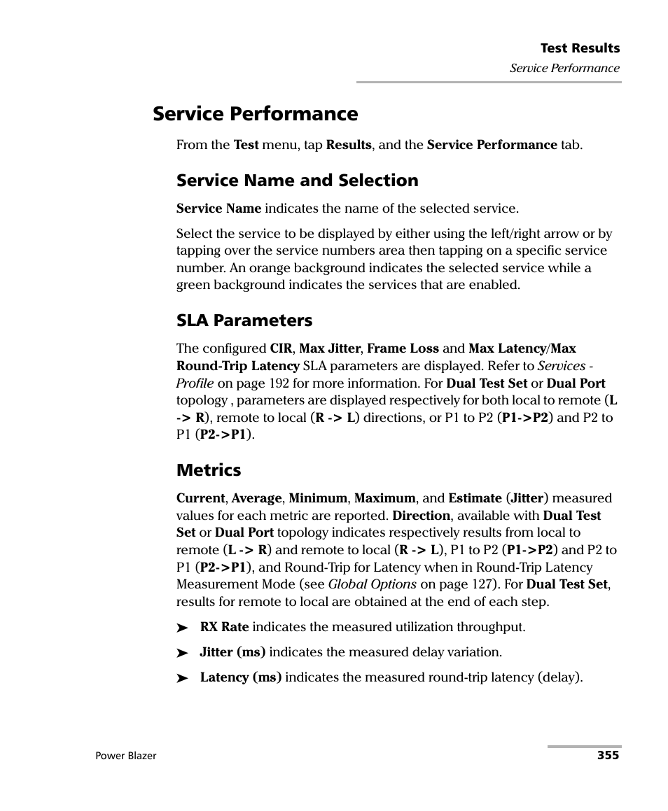 Service performance, Service name and selection, Sla parameters | Metrics | EXFO FTB/IQS-88000 Series Power Blazer for FTB-2/2Pro/500/IQS-600 User Manual | Page 367 / 681