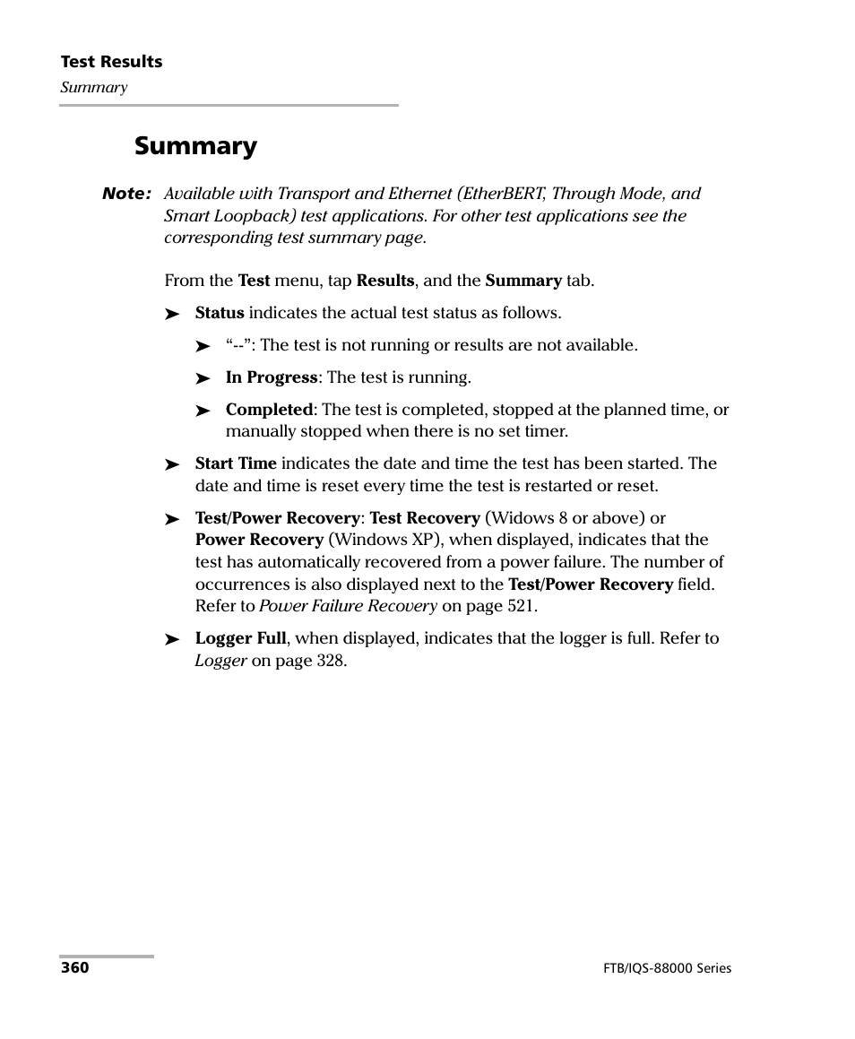 Summary | EXFO FTB/IQS-88000 Series Power Blazer for FTB-2/2Pro/500/IQS-600 User Manual | Page 372 / 681