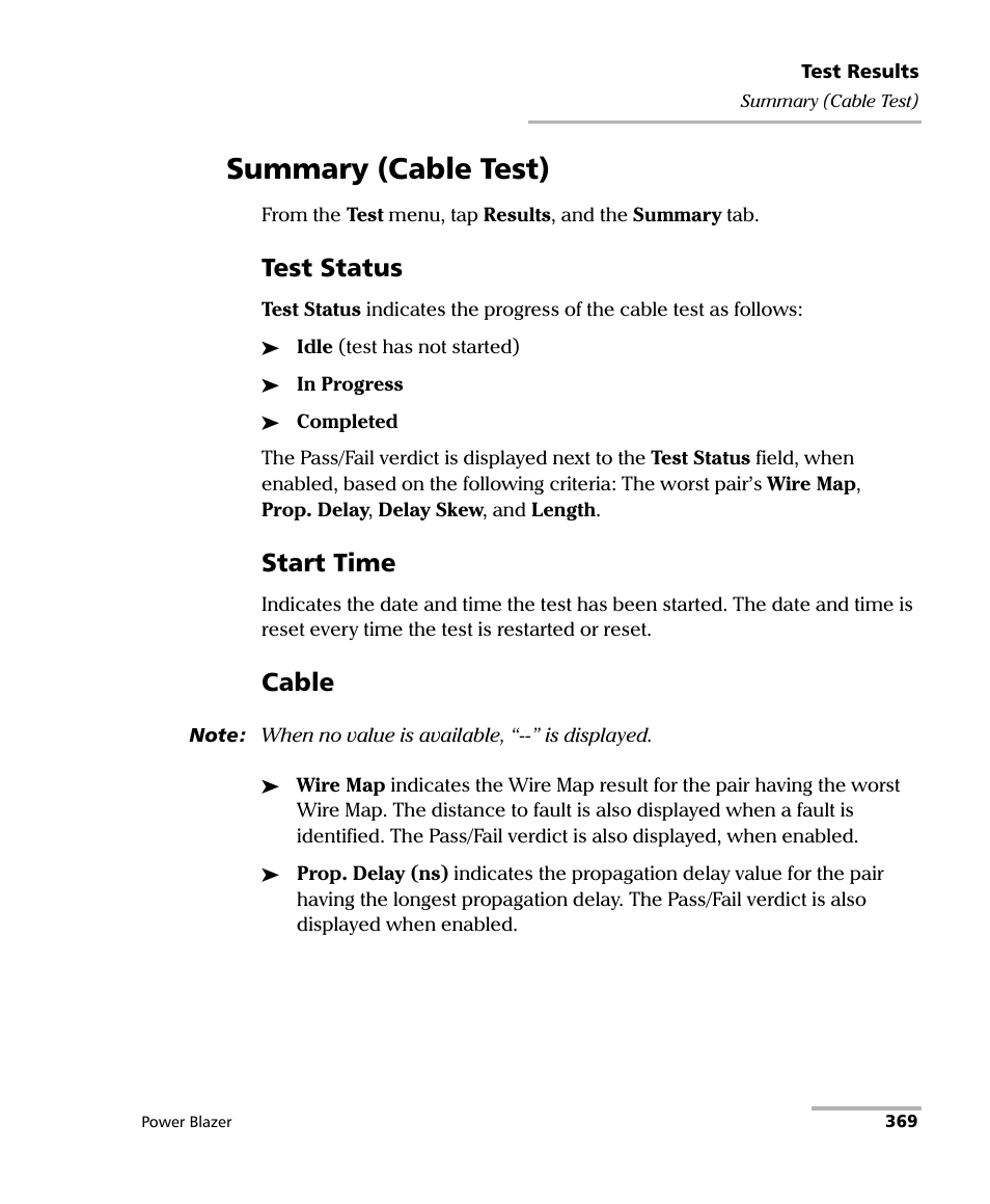 Summary (cable test), Test status, Start time | Cable | EXFO FTB/IQS-88000 Series Power Blazer for FTB-2/2Pro/500/IQS-600 User Manual | Page 381 / 681