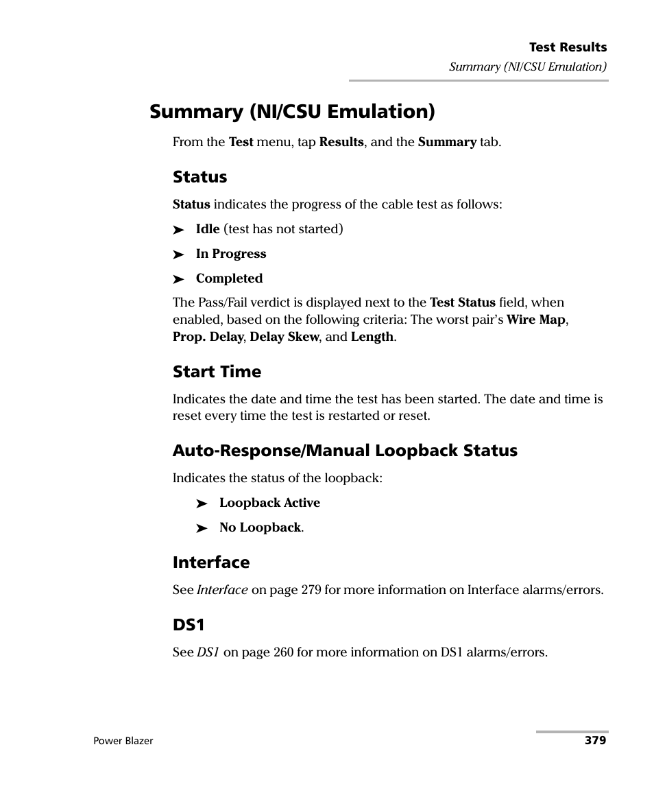 Summary (ni/csu emulation), Status, Start time | Auto-response/manual loopback status, Interface | EXFO FTB/IQS-88000 Series Power Blazer for FTB-2/2Pro/500/IQS-600 User Manual | Page 391 / 681