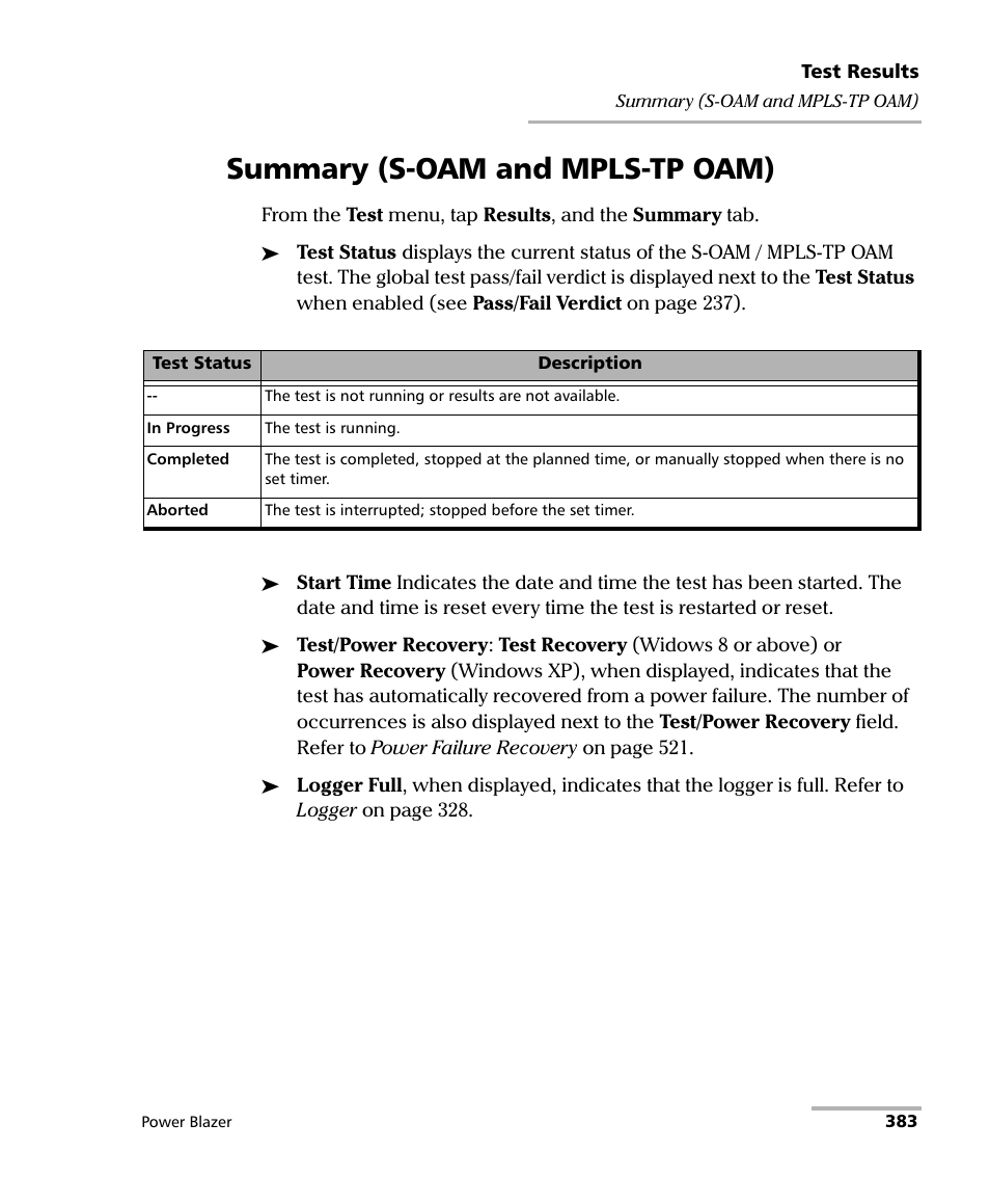Summary (s-oam and mpls-tp oam) | EXFO FTB/IQS-88000 Series Power Blazer for FTB-2/2Pro/500/IQS-600 User Manual | Page 395 / 681