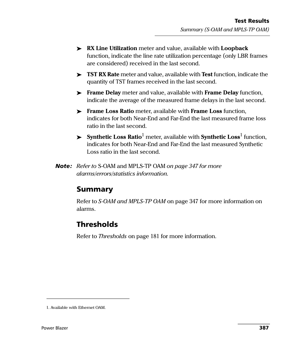 Summary, Thresholds | EXFO FTB/IQS-88000 Series Power Blazer for FTB-2/2Pro/500/IQS-600 User Manual | Page 399 / 681