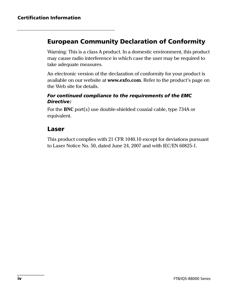 European community declaration of conformity, Laser | EXFO FTB/IQS-88000 Series Power Blazer for FTB-2/2Pro/500/IQS-600 User Manual | Page 4 / 681