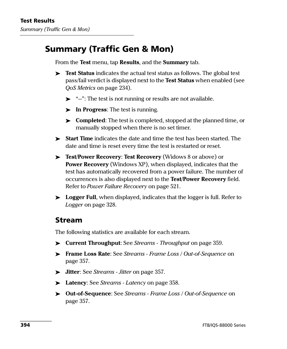 Summary (traffic gen & mon), Stream | EXFO FTB/IQS-88000 Series Power Blazer for FTB-2/2Pro/500/IQS-600 User Manual | Page 406 / 681