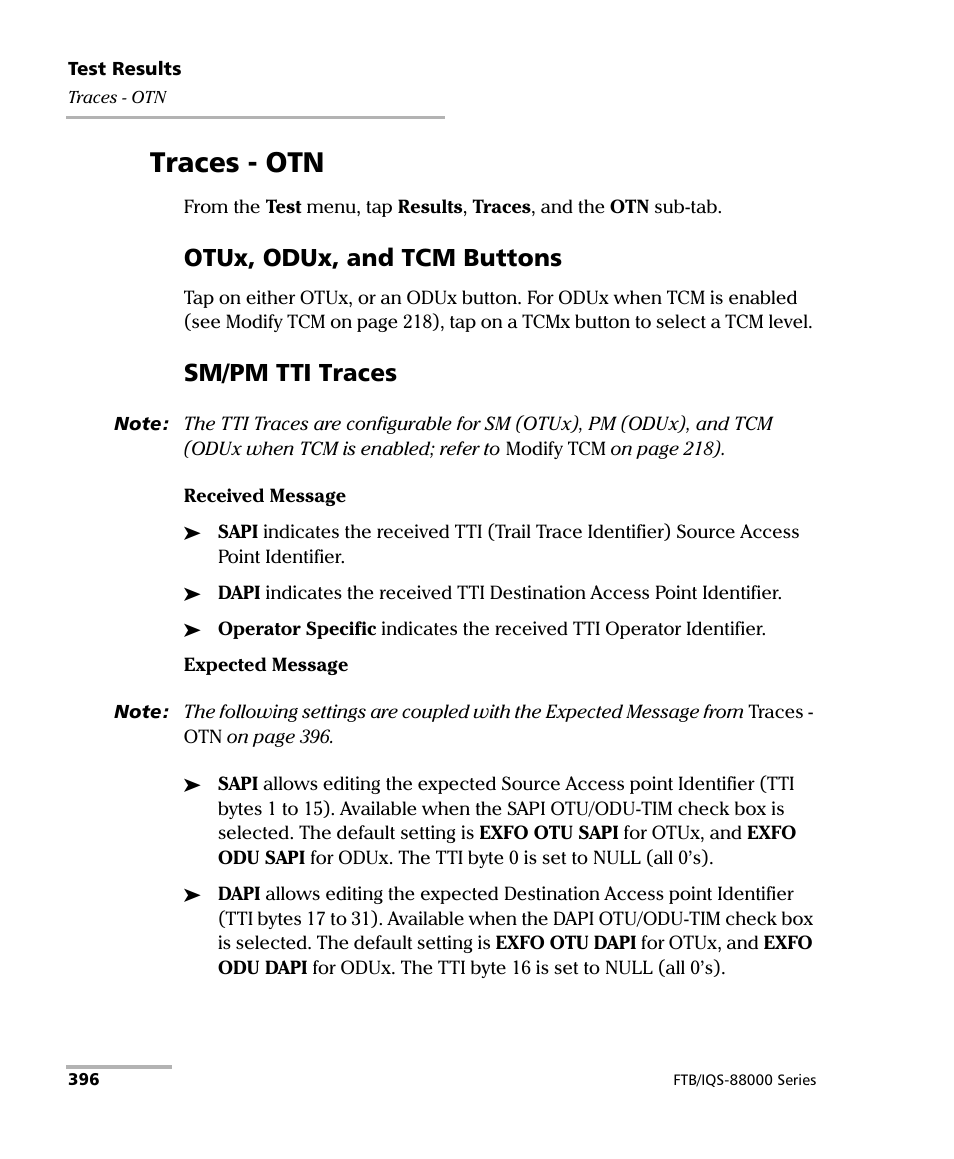 Traces - otn, Otux, odux, and tcm buttons, Sm/pm tti traces | EXFO FTB/IQS-88000 Series Power Blazer for FTB-2/2Pro/500/IQS-600 User Manual | Page 408 / 681