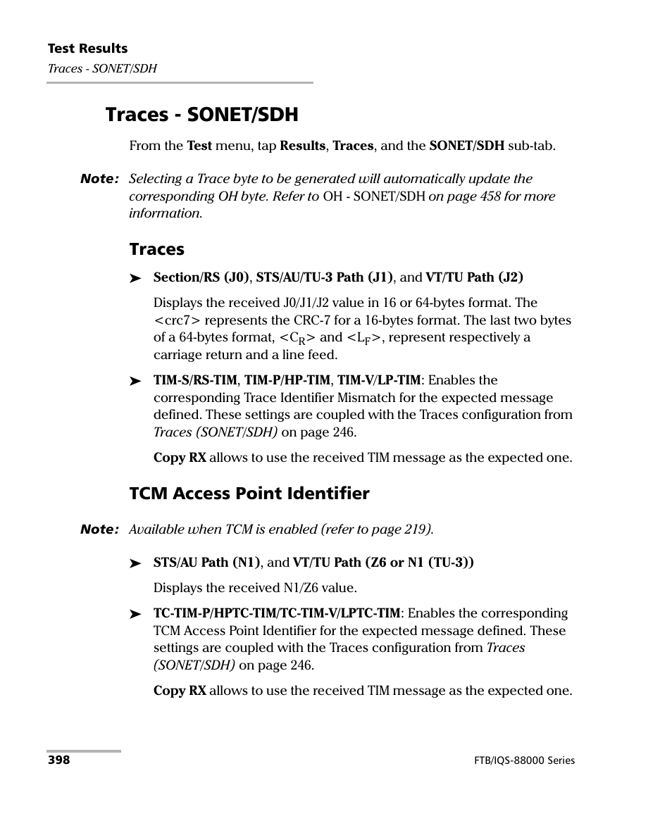 Traces - sonet/sdh, Traces, Tcm access point identifier | EXFO FTB/IQS-88000 Series Power Blazer for FTB-2/2Pro/500/IQS-600 User Manual | Page 410 / 681