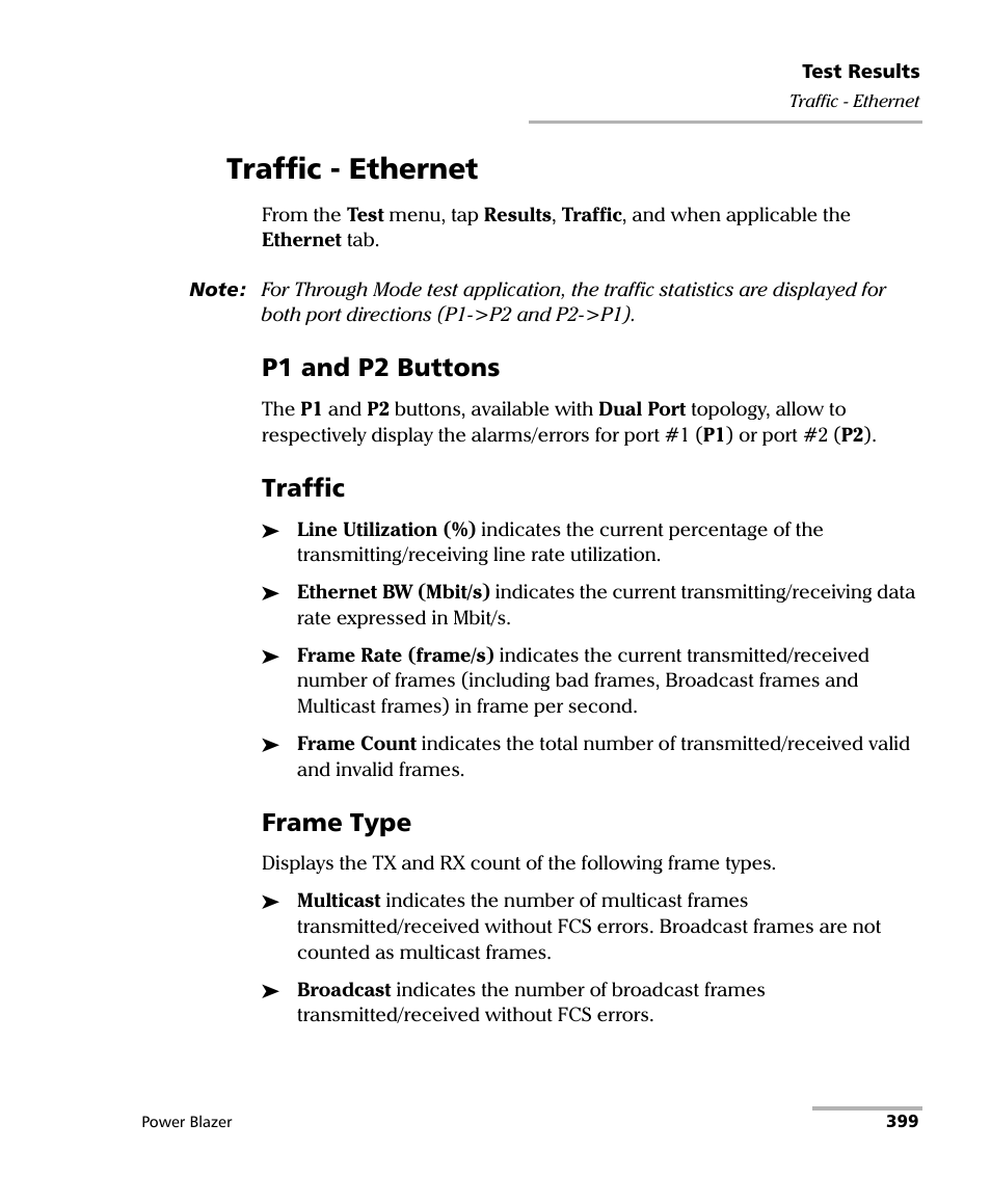 Traffic - ethernet, P1 and p2 buttons, Traffic | Frame type | EXFO FTB/IQS-88000 Series Power Blazer for FTB-2/2Pro/500/IQS-600 User Manual | Page 411 / 681