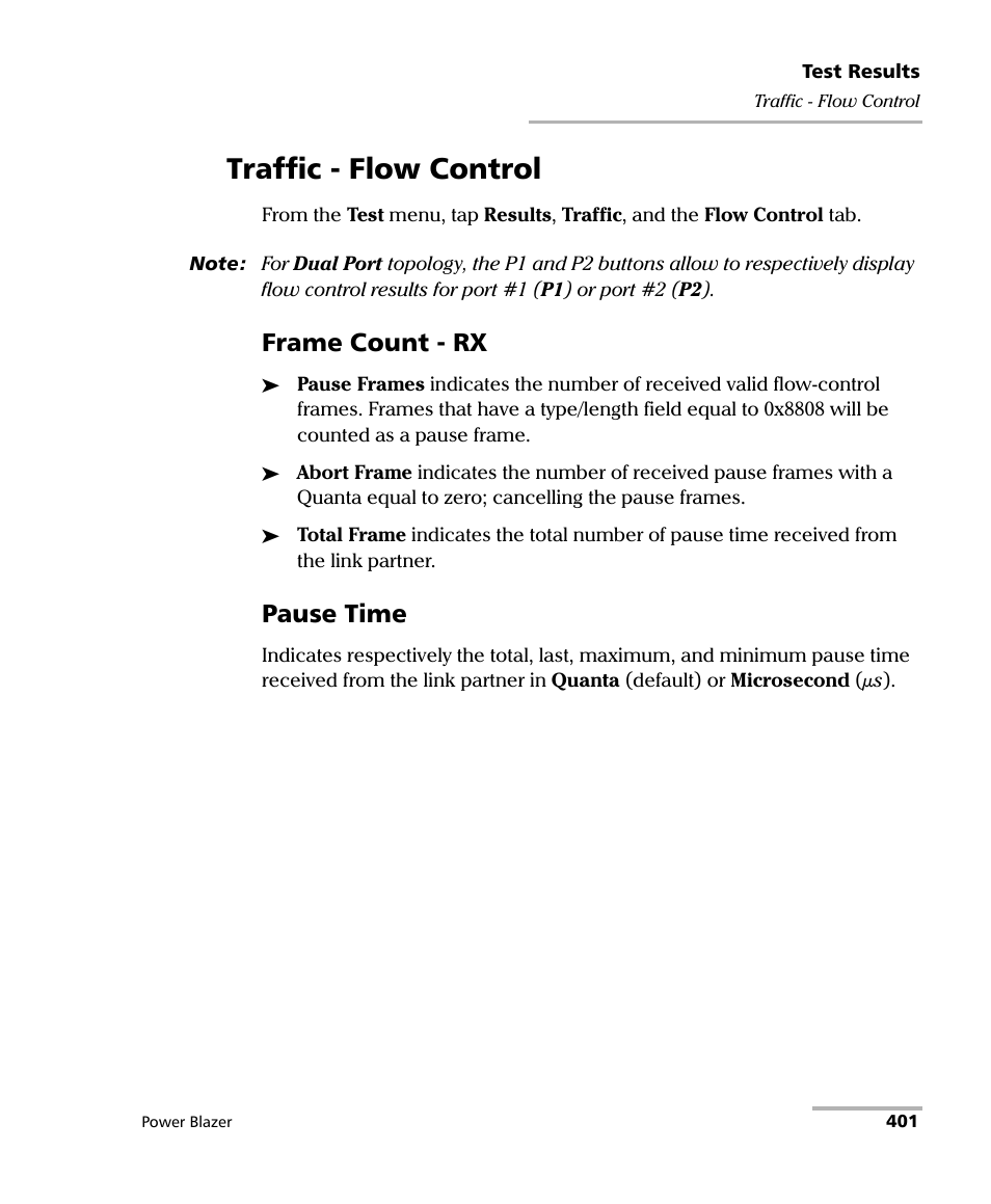 Traffic - flow control, Frame count - rx, Pause time | EXFO FTB/IQS-88000 Series Power Blazer for FTB-2/2Pro/500/IQS-600 User Manual | Page 413 / 681