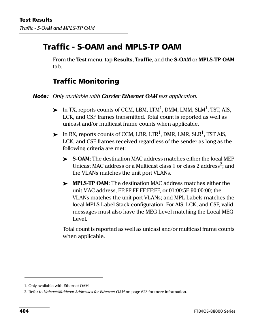 Traffic - s-oam and mpls-tp oam, Traffic monitoring | EXFO FTB/IQS-88000 Series Power Blazer for FTB-2/2Pro/500/IQS-600 User Manual | Page 416 / 681