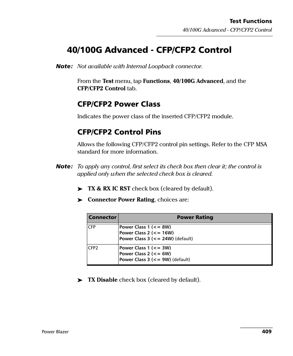 40/100g advanced - cfp/cfp2 control, Cfp/cfp2 power class, Cfp/cfp2 control pins | EXFO FTB/IQS-88000 Series Power Blazer for FTB-2/2Pro/500/IQS-600 User Manual | Page 421 / 681