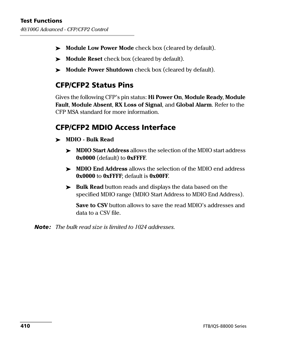 Cfp/cfp2 status pins, Cfp/cfp2 mdio access interface | EXFO FTB/IQS-88000 Series Power Blazer for FTB-2/2Pro/500/IQS-600 User Manual | Page 422 / 681