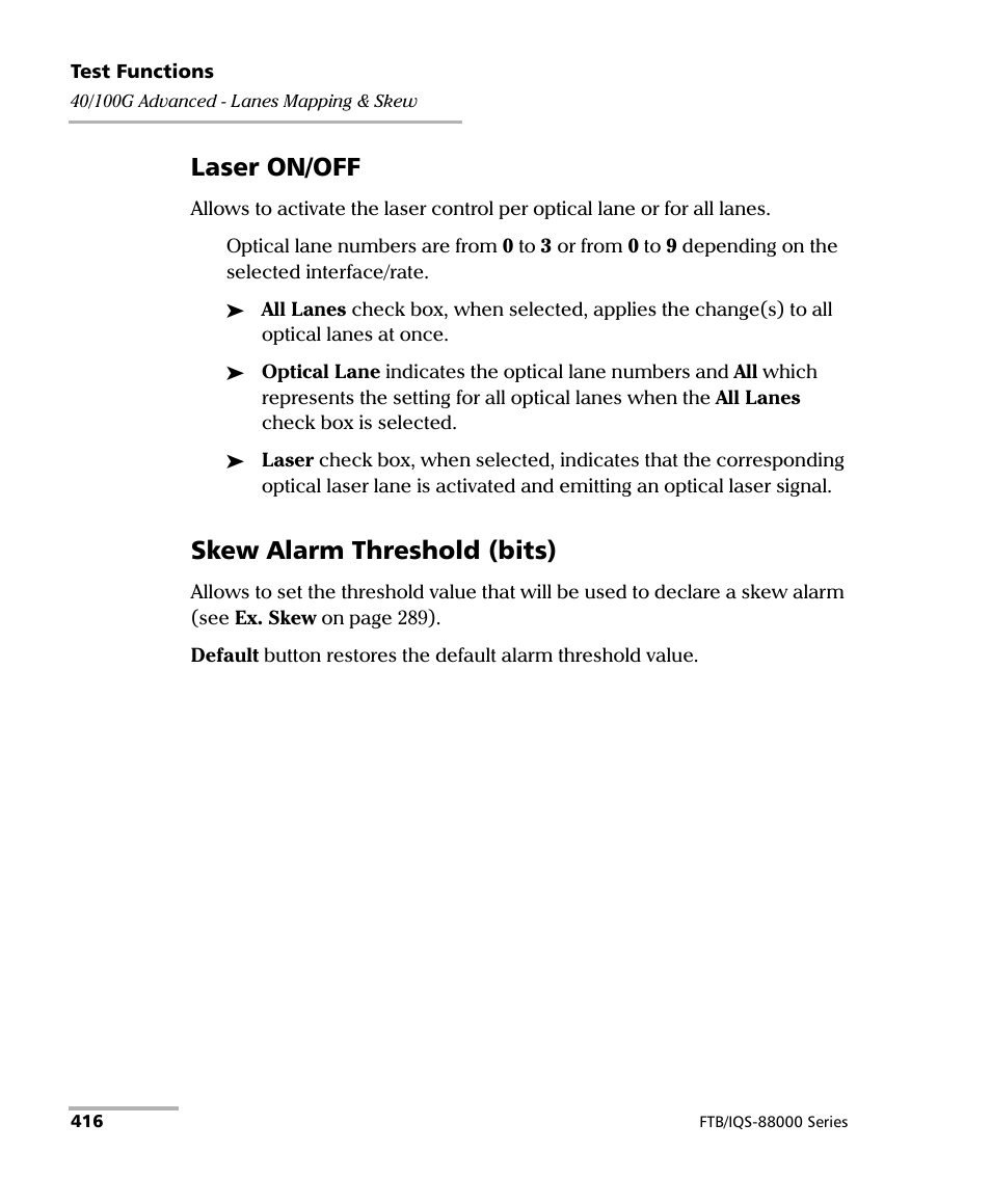 Laser on/off, Skew alarm threshold (bits) | EXFO FTB/IQS-88000 Series Power Blazer for FTB-2/2Pro/500/IQS-600 User Manual | Page 428 / 681
