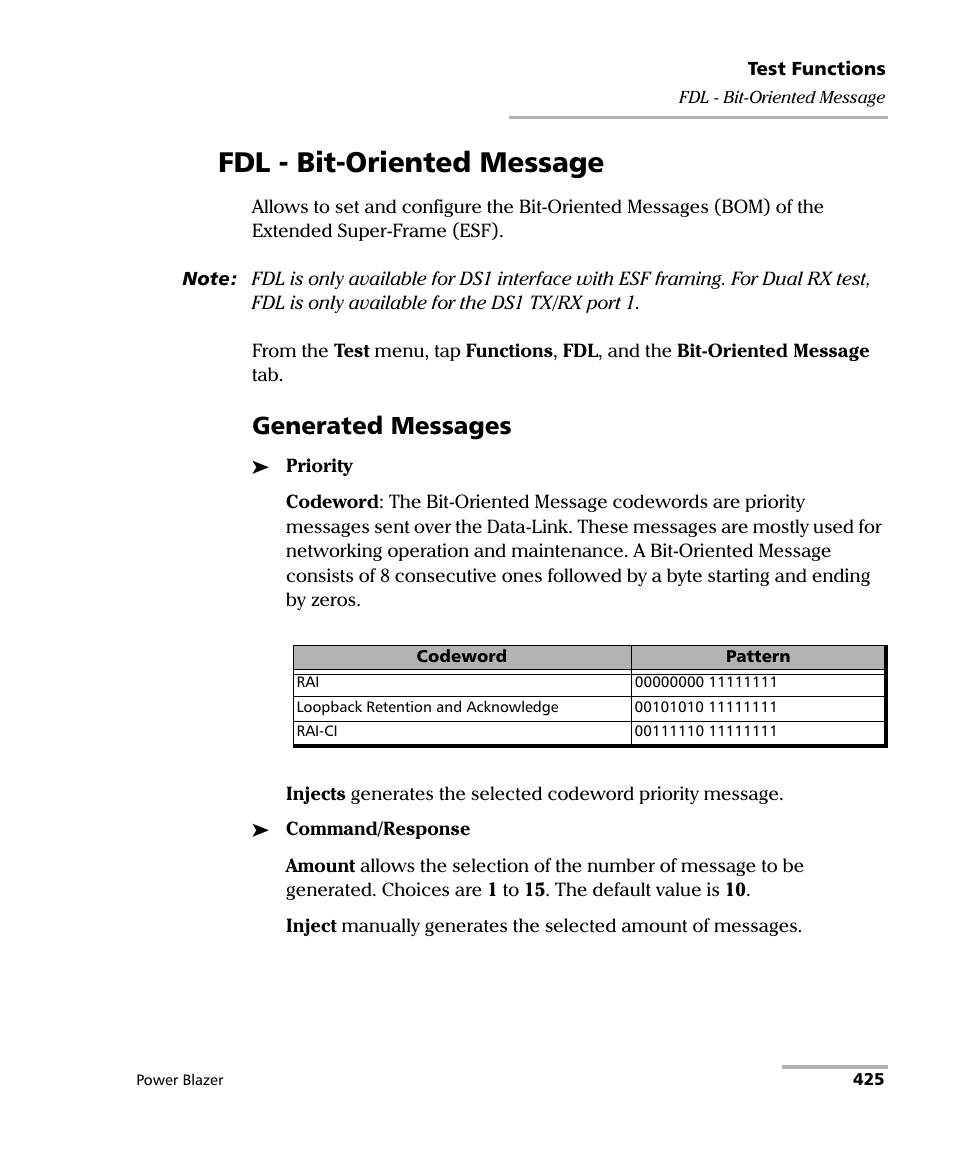 Fdl - bit-oriented message, Generated messages | EXFO FTB/IQS-88000 Series Power Blazer for FTB-2/2Pro/500/IQS-600 User Manual | Page 437 / 681