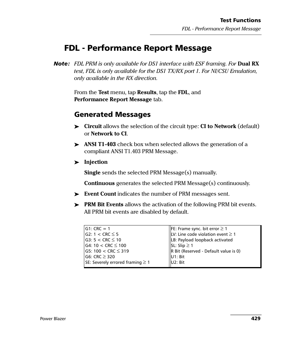 Fdl - performance report message, Generated messages | EXFO FTB/IQS-88000 Series Power Blazer for FTB-2/2Pro/500/IQS-600 User Manual | Page 441 / 681