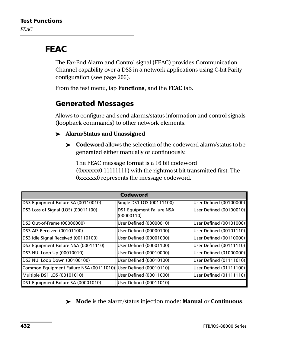 Feac, Generated messages | EXFO FTB/IQS-88000 Series Power Blazer for FTB-2/2Pro/500/IQS-600 User Manual | Page 444 / 681