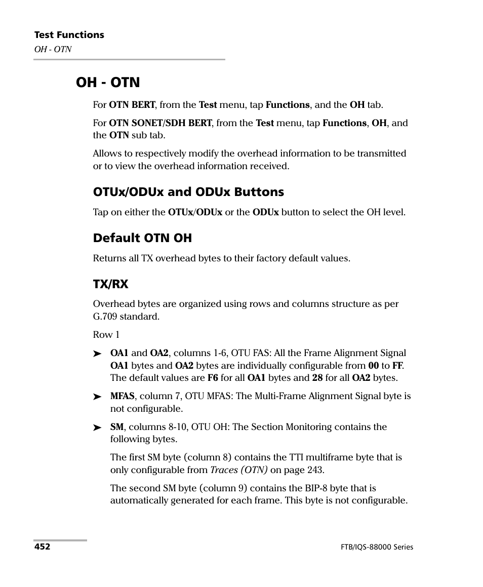 Oh - otn, Otux/odux and odux buttons, Default otn oh | Tx/rx | EXFO FTB/IQS-88000 Series Power Blazer for FTB-2/2Pro/500/IQS-600 User Manual | Page 464 / 681