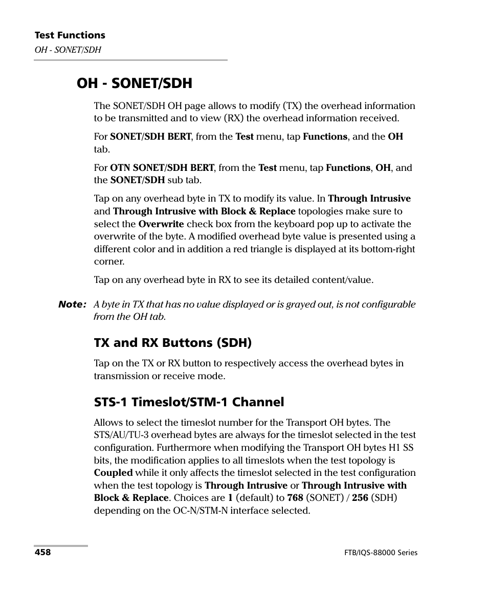 Oh - sonet/sdh, Tx and rx buttons (sdh), Sts-1 timeslot/stm-1 channel | EXFO FTB/IQS-88000 Series Power Blazer for FTB-2/2Pro/500/IQS-600 User Manual | Page 470 / 681