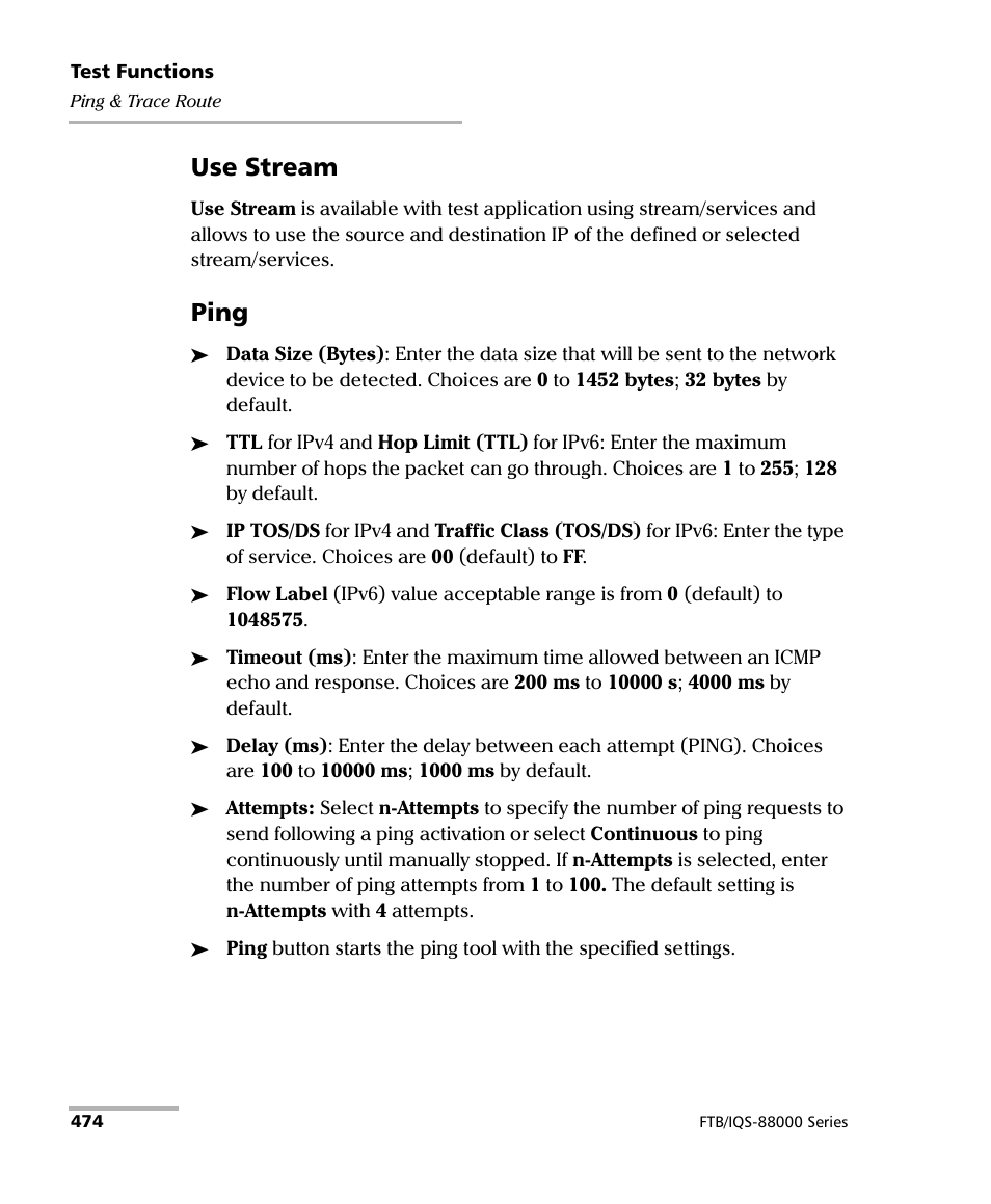 Use stream, Ping | EXFO FTB/IQS-88000 Series Power Blazer for FTB-2/2Pro/500/IQS-600 User Manual | Page 486 / 681