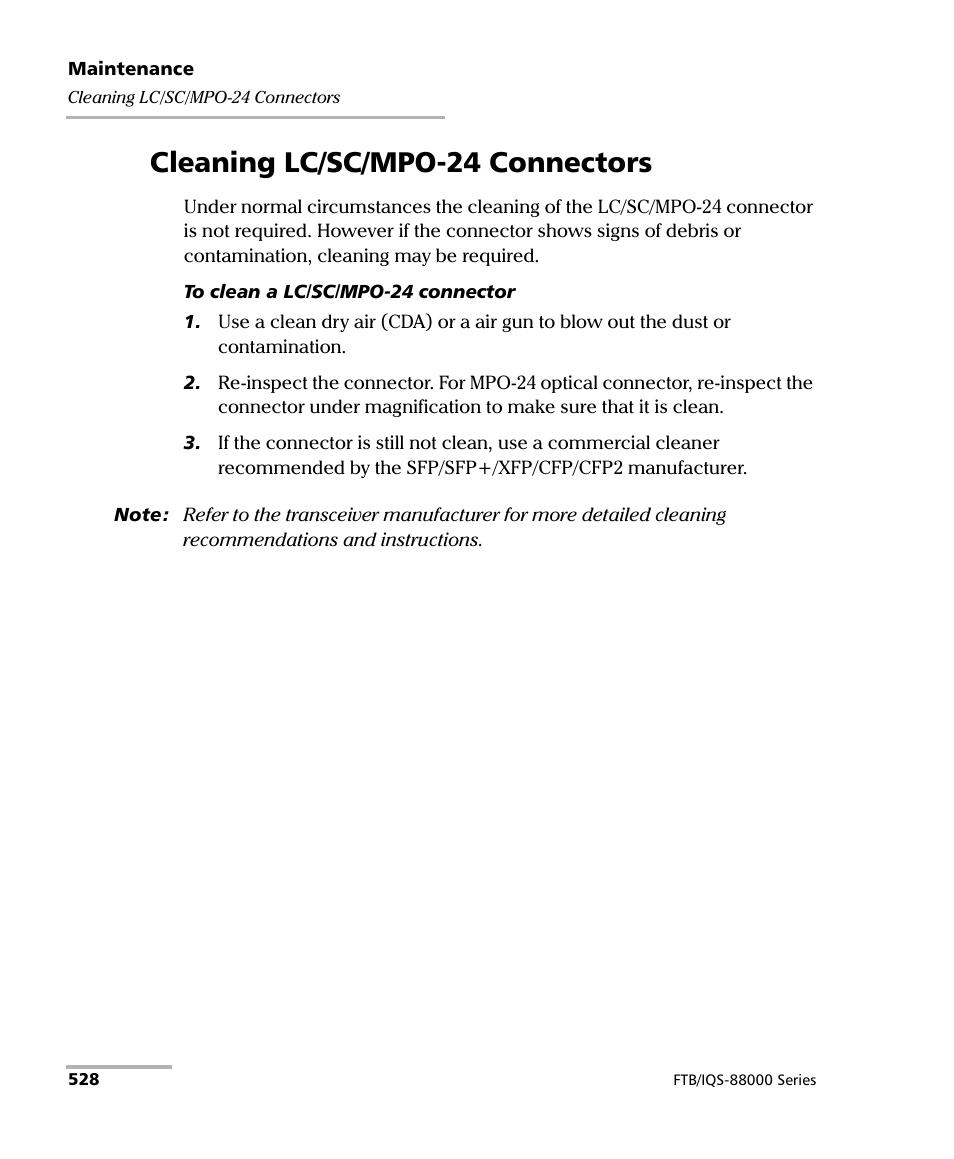 Cleaning lc/sc/mpo-24 connectors | EXFO FTB/IQS-88000 Series Power Blazer for FTB-2/2Pro/500/IQS-600 User Manual | Page 540 / 681