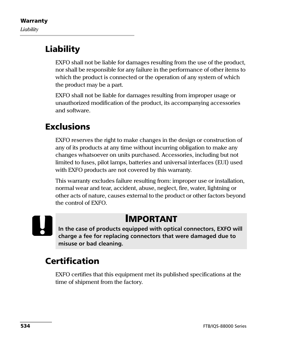 Liability, Exclusions, Certification | Liability exclusions certification, Mportant | EXFO FTB/IQS-88000 Series Power Blazer for FTB-2/2Pro/500/IQS-600 User Manual | Page 546 / 681