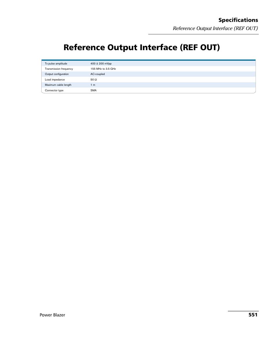 Reference output interface (ref out), Specifications, 551 reference output interface (ref out) | EXFO FTB/IQS-88000 Series Power Blazer for FTB-2/2Pro/500/IQS-600 User Manual | Page 563 / 681