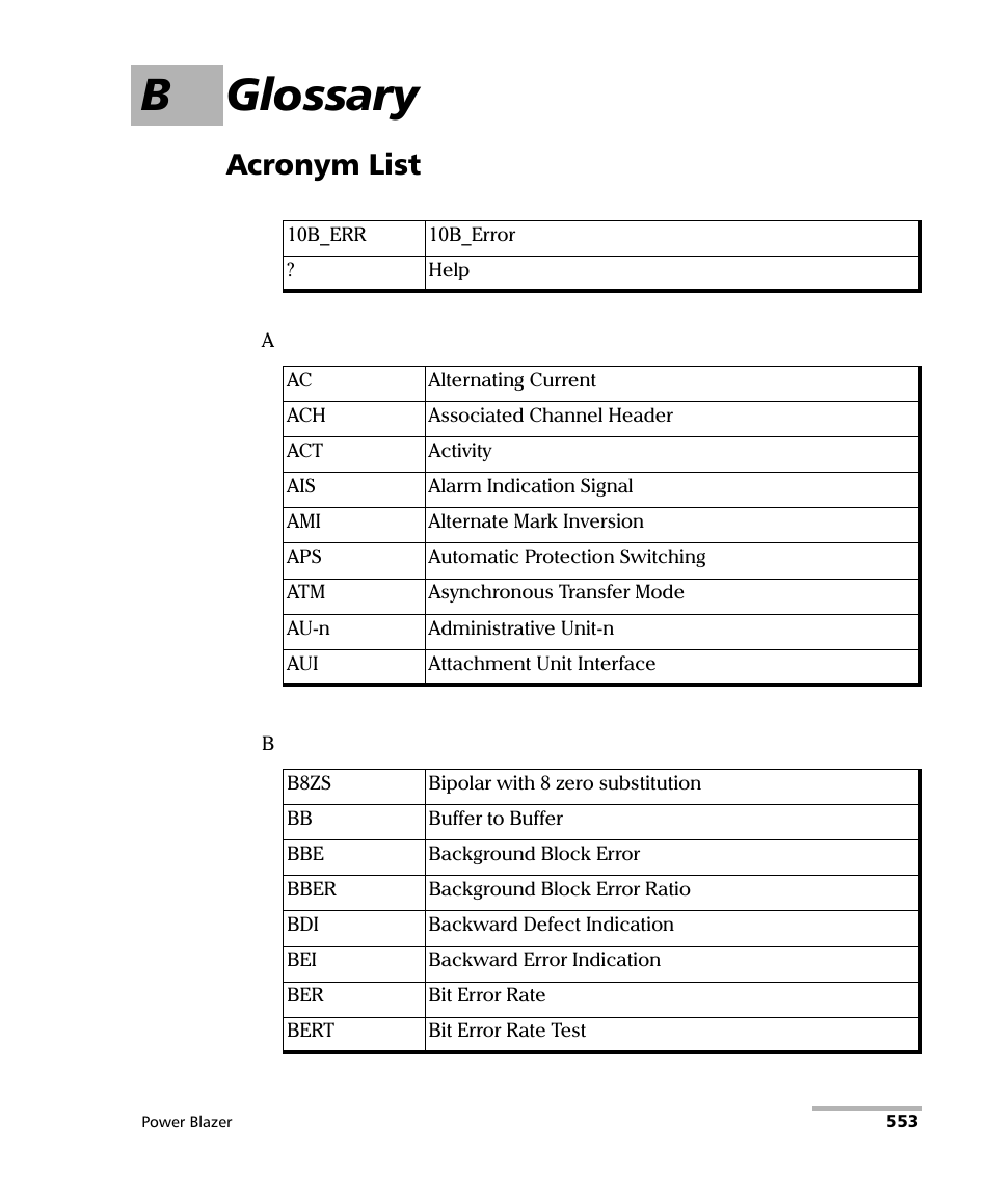 B glossary, Acronym list | EXFO FTB/IQS-88000 Series Power Blazer for FTB-2/2Pro/500/IQS-600 User Manual | Page 565 / 681