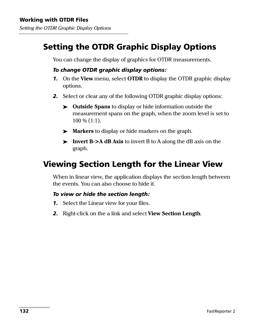 Setting the otdr graphic display options, Viewing section length for the linear view | EXFO FastReporter 2 User Manual | Page 142 / 396