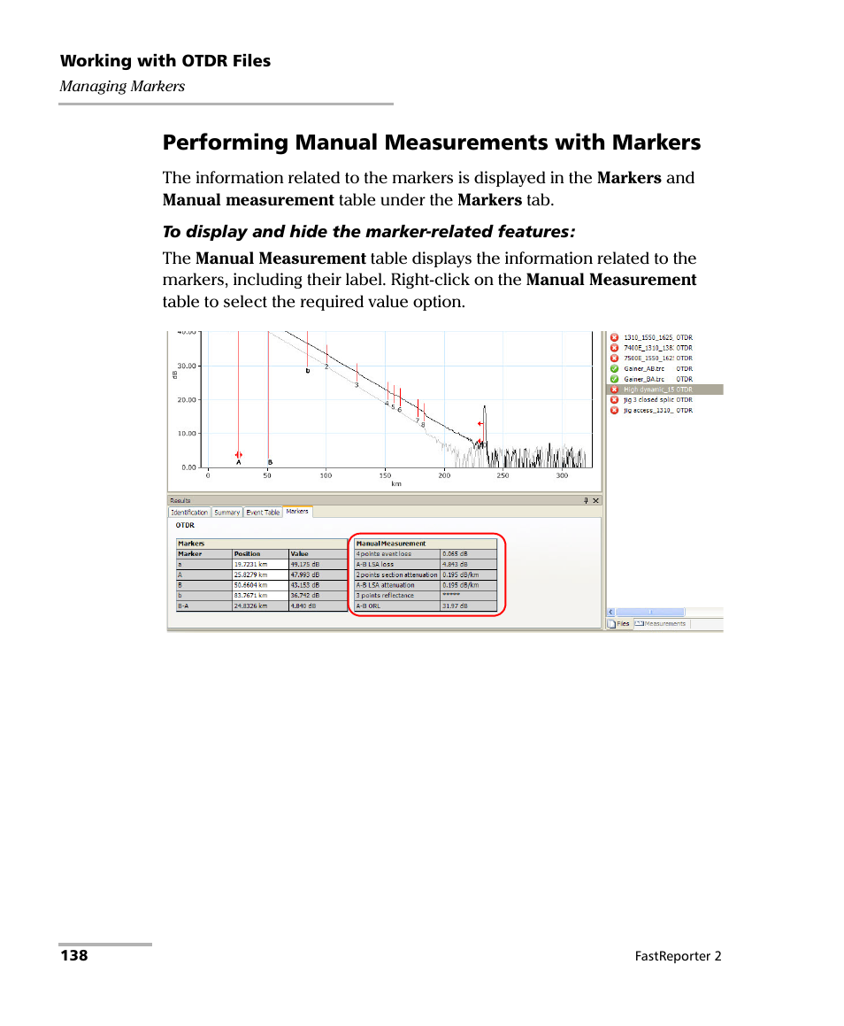 Performing manual measurements with markers | EXFO FastReporter 2 User Manual | Page 148 / 396