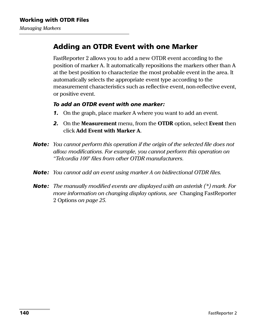 Adding an otdr event with one marker | EXFO FastReporter 2 User Manual | Page 150 / 396