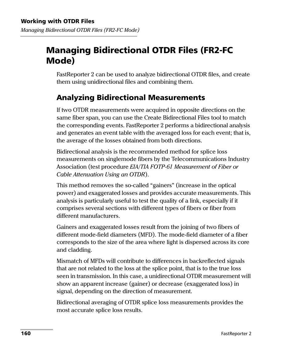 Managing bidirectional otdr files (fr2-fc mode), Analyzing bidirectional measurements | EXFO FastReporter 2 User Manual | Page 170 / 396