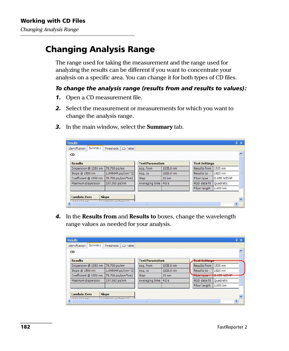 Changing analysis range | EXFO FastReporter 2 User Manual | Page 192 / 396