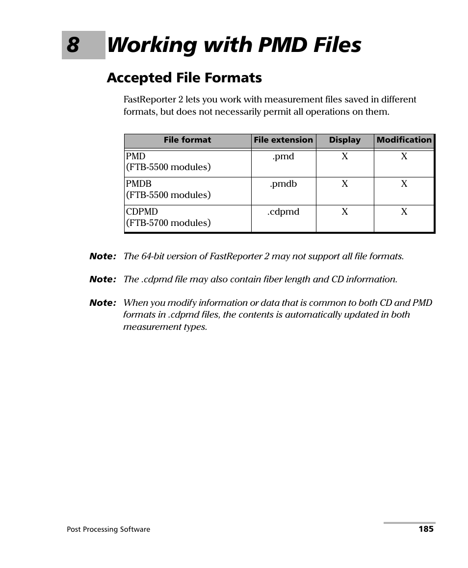 8 working with pmd files, Accepted file formats, 8working with pmd files | EXFO FastReporter 2 User Manual | Page 195 / 396