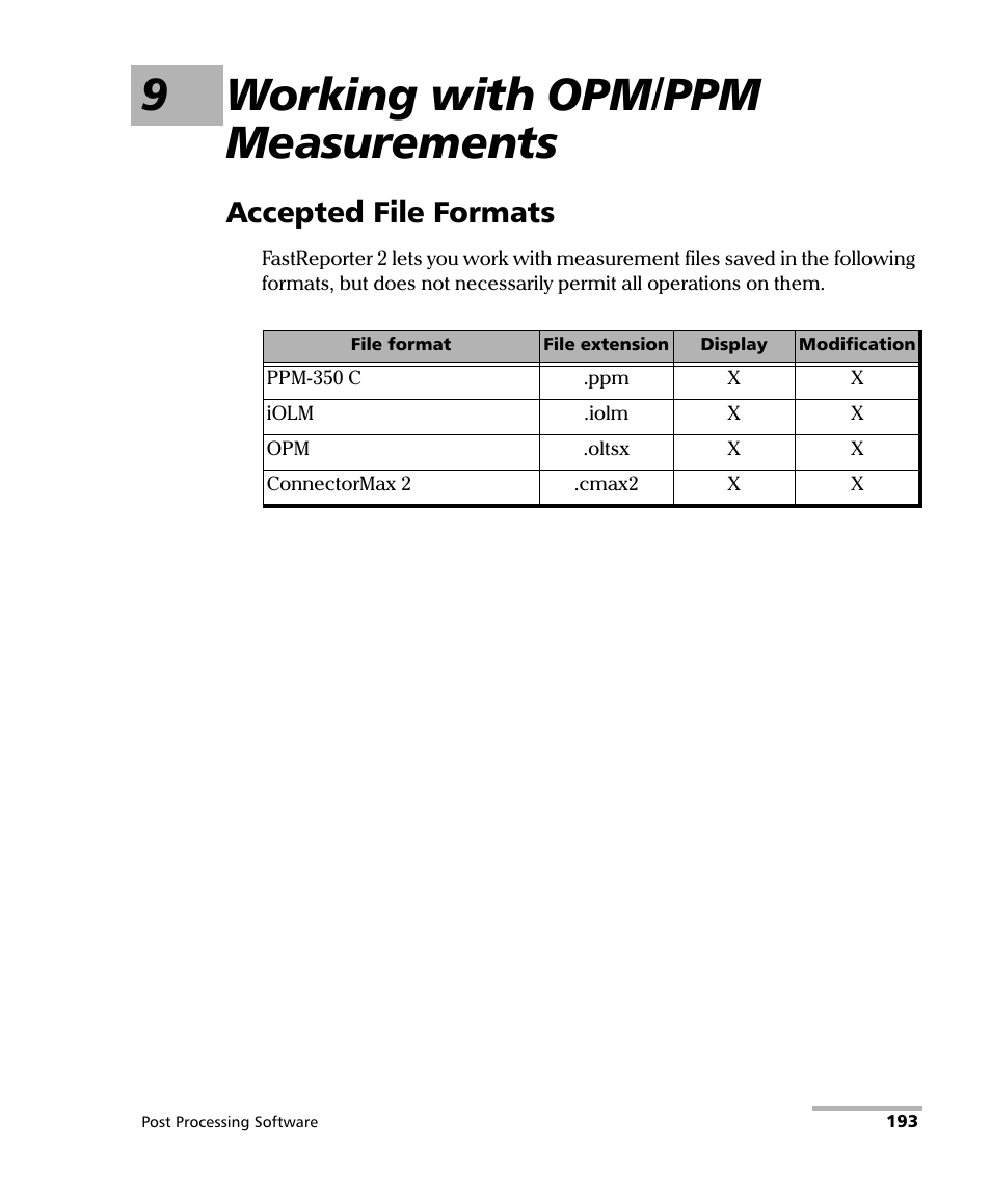 9 working with opm/ppm measurements, Accepted file formats, 9working with opm/ppm measurements | EXFO FastReporter 2 User Manual | Page 203 / 396