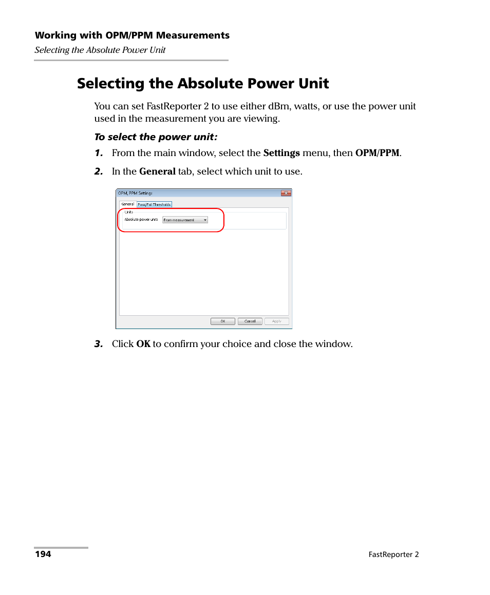 Selecting the absolute power unit | EXFO FastReporter 2 User Manual | Page 204 / 396