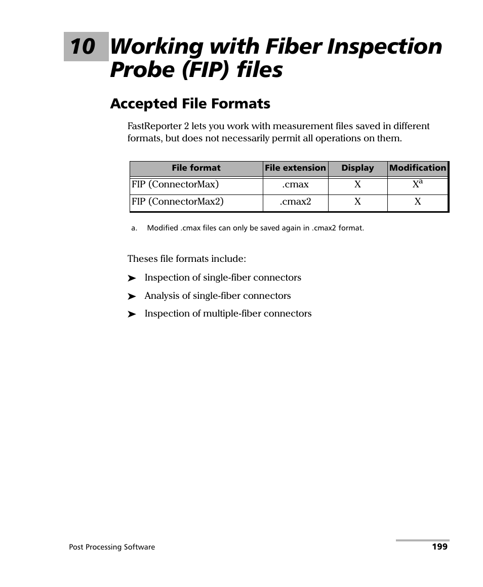 10 working with fiber inspection probe (fip) files, Accepted file formats | EXFO FastReporter 2 User Manual | Page 209 / 396