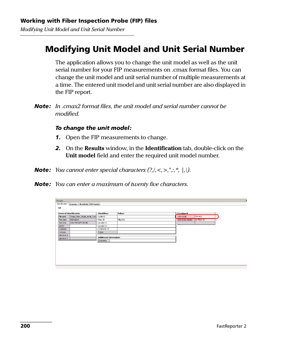 Modifying unit model and unit serial number | EXFO FastReporter 2 User Manual | Page 210 / 396