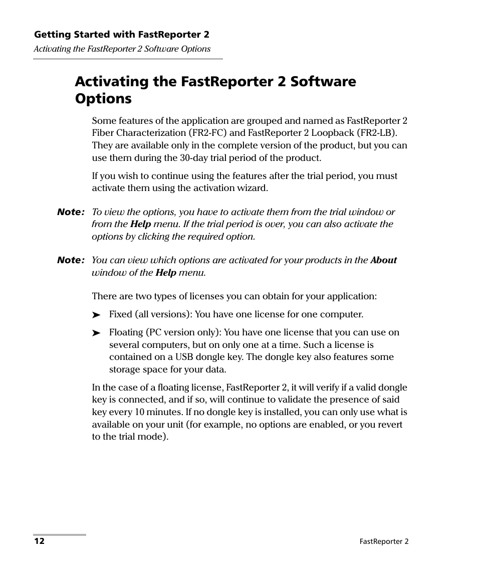 Activating the fastreporter 2 software options | EXFO FastReporter 2 User Manual | Page 22 / 396