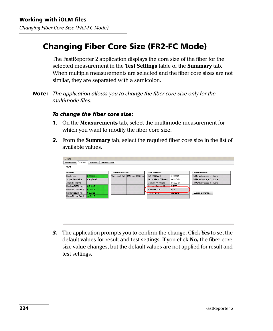 Changing fiber core size (fr2-fc mode) | EXFO FastReporter 2 User Manual | Page 234 / 396