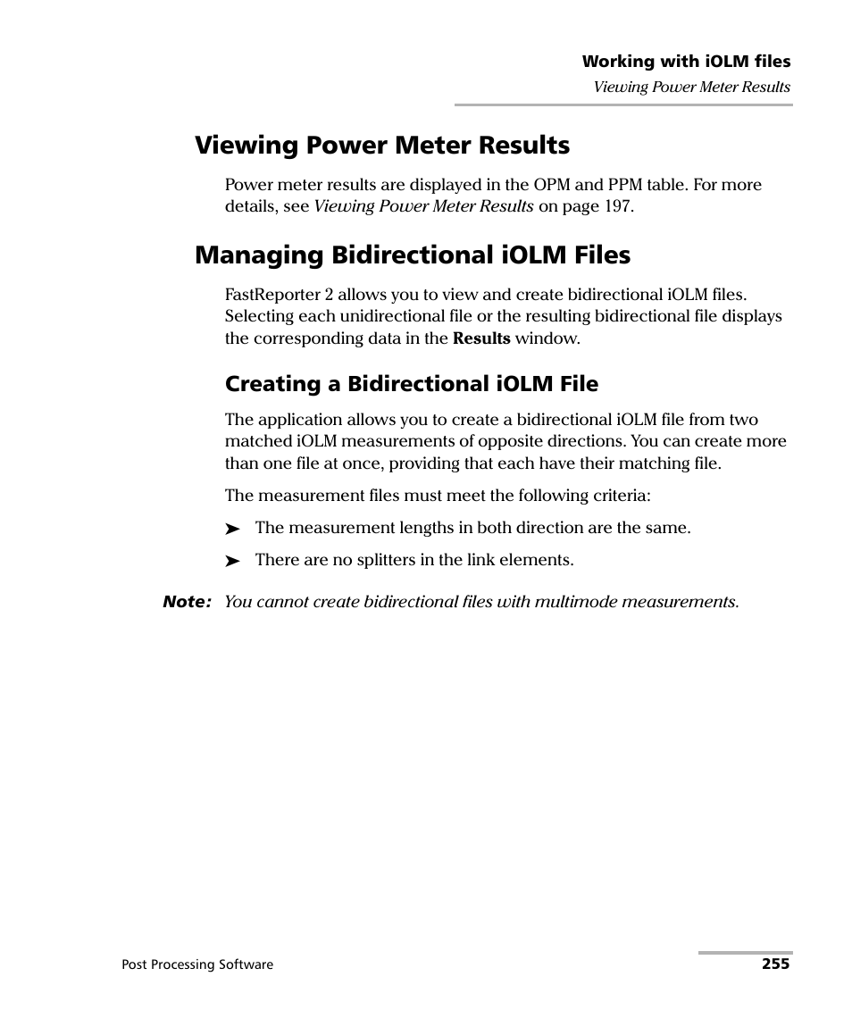 Viewing power meter results, Managing bidirectional iolm files, Creating a bidirectional iolm file | EXFO FastReporter 2 User Manual | Page 265 / 396