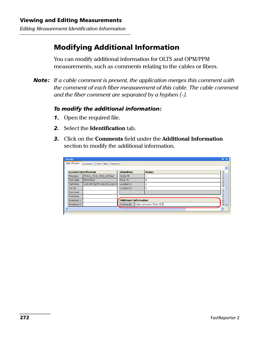 Modifying additional information | EXFO FastReporter 2 User Manual | Page 282 / 396