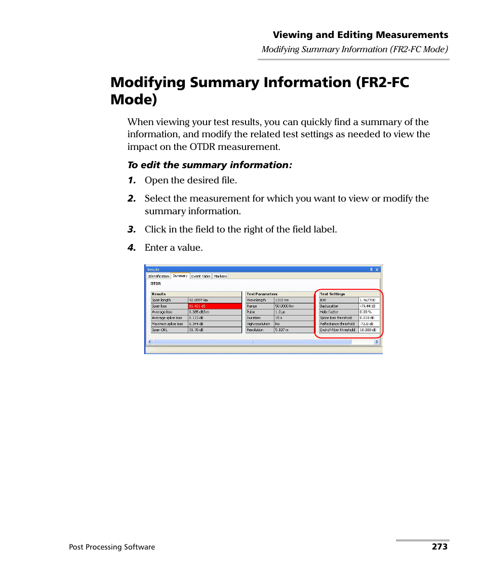 Modifying summary information (fr2-fc mode) | EXFO FastReporter 2 User Manual | Page 283 / 396